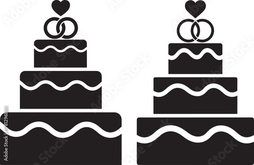 Two elegant tiered wedding cakes with rings and heart silhouette
