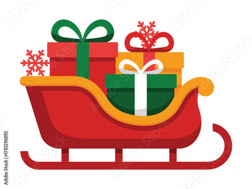 A red sleigh is filled with festive Christmas gifts and snowflakes.
