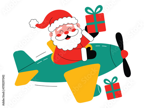Santa Claus flies in an airplane, delivering gifts for Christmas.