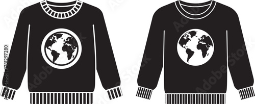 Two black long sleeve sweaters with earth globe graphic design silhouette