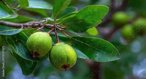 Tamanu: Fresh Green Fruit of Calophyllum Inophyllum in a Beautiful Nature Background