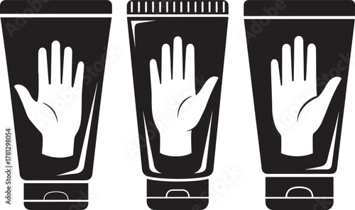 Three black silhouette tubes of hand cream with white hand imprints