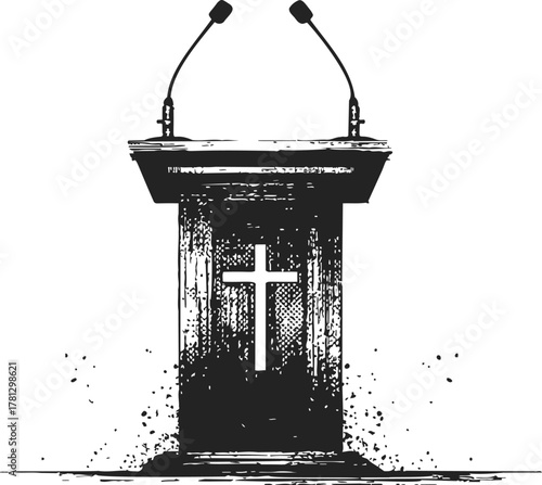 Church pulpit sketch, hand drawn wooden podium with cross and microphones — stock vector