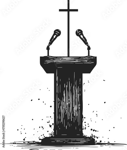 Church pulpit sketch with microphones and cross, hand drawn black and white — stock vector