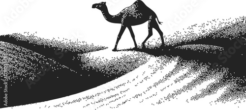Camel sketch hand drawn walking on desert dunes, black and white landscape — stock vector
