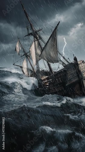 Ancient vessel navigating tumultuous sea during a severe thunderstorm