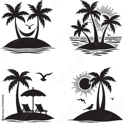 Collection of silhouetted palm trees in various poses
