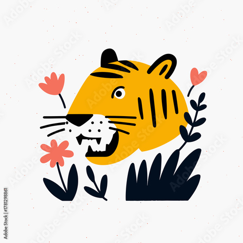 Bright and playful tiger head in a garden with flowers and greenery for cheerful decor