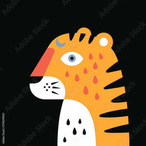 Cute vector illustration of a playful tiger with colorful patterns on a dark background, showcasing a fun and friendly character design