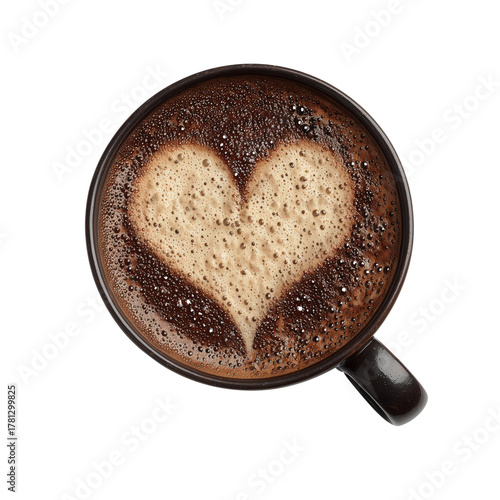 Heart Design in Frothy Coffee Cup Served in Cozy Cafe.