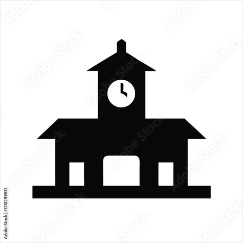 Railway station vector illustration with clock tower and roofed platform silhouette