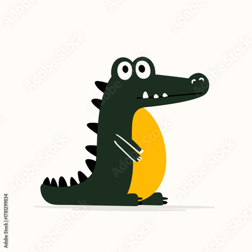 Charming cartoon crocodile with bright colors and a friendly smile standing on a neutral background