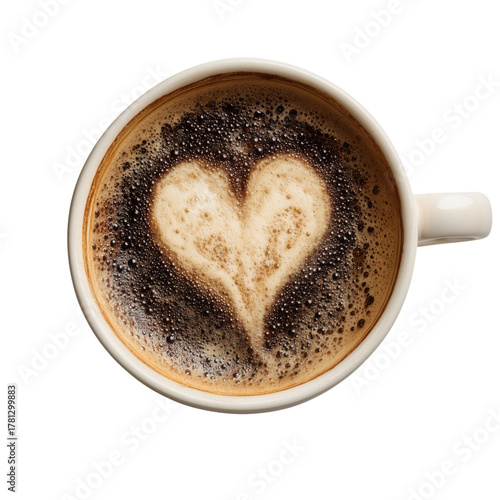 Heart Shaped Froth on Coffee in a White Cup Against a Plain Background
