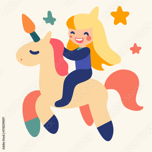 Joyful girl rides a cute unicorn under a sky full of colorful stars in a whimsical illustration