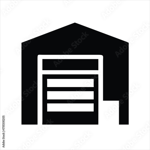Warehouse building vector illustration with shutter door and cargo boxes silhouette