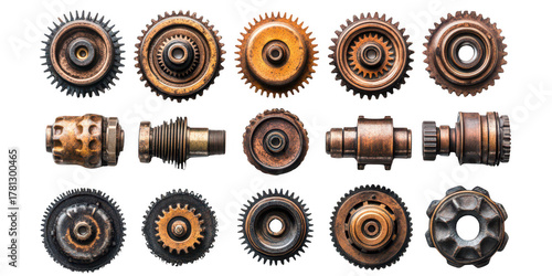 set of rusty old cog wheels isolated on transparent or white background