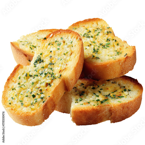 Freshly Baked Garlic Bread With Herbs Cut Into Slices on a Wooden Table.