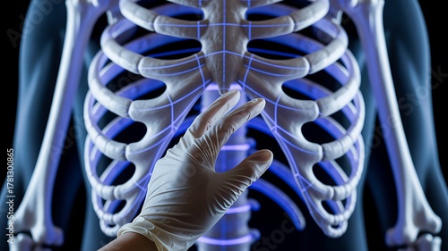 Gloved hand touching a glowing blue human rib cage skeleton
