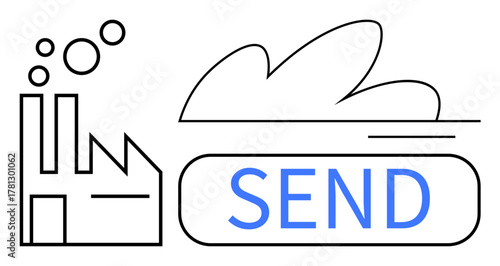 Factory emitting smoke alongside a cloud-shaped SEND button, conveying technology, data exchange, automation, environmental impact, industrial processes, cloud computing, simplified communication