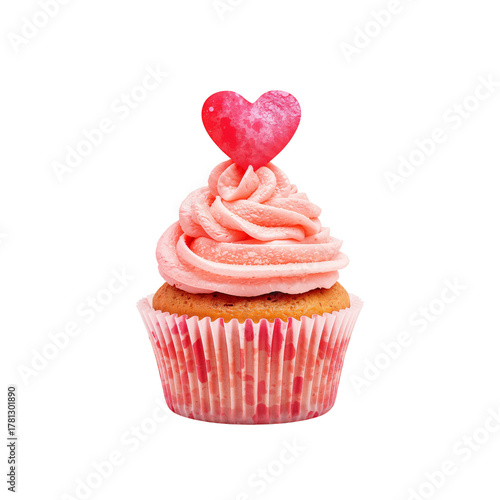 Cupcake With Pink Frosting and Heart Decoration on a White Background for Des...