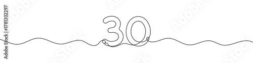 Number 30 continuous line vector illustration. Minimalist monoline drawing style for birthday, anniversary, or milestone celebration design.