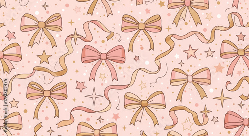 Whimsical Pink Bow Pattern with Twinkling Stars and Ribbons for a Cute and Charming Design