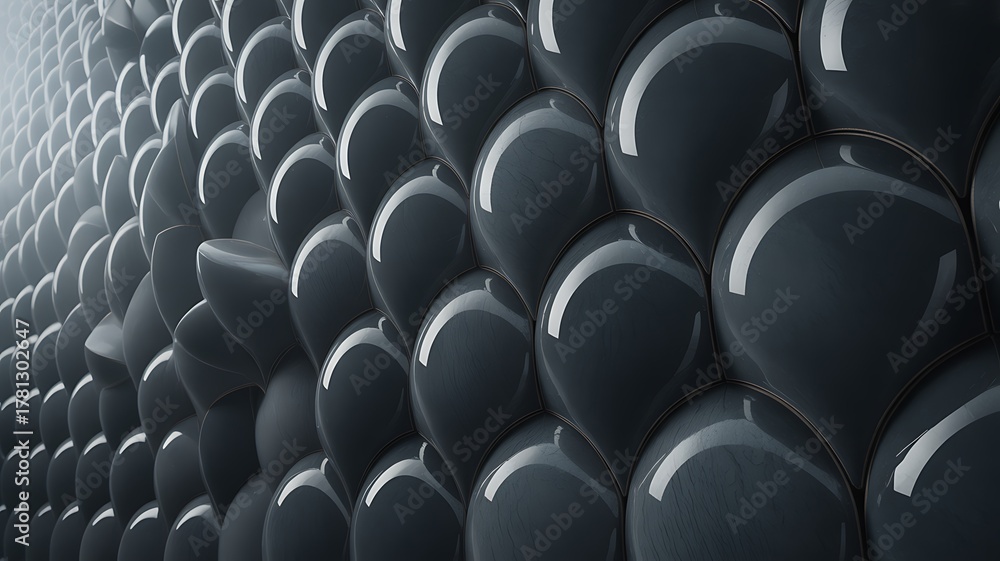 Obraz premium A wall of dark, glossy spheres arranged in a repeating pattern