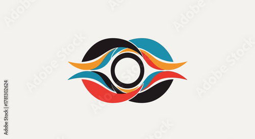Stylized abstract eye logo with interwoven colorful wave-like shapes on a light background.
