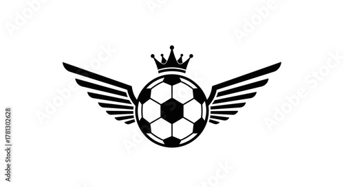A stylized black and white graphic of a soccer ball with wings and a crown.
