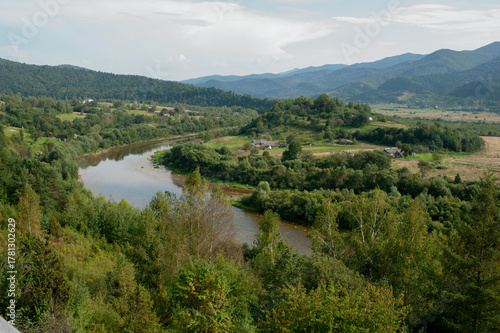 The morning is bright in the mountains in summer with a green forest