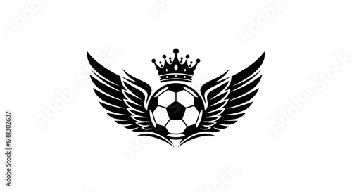 Soccer ball with wings and crown, black and white vector illustration.