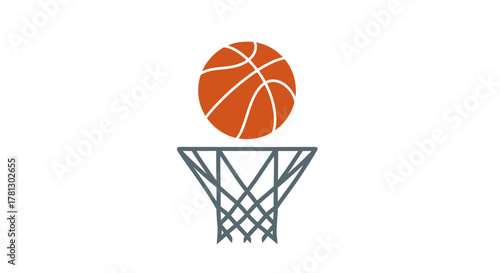 A simple vector illustration of an orange basketball about to fall through a grey hoop.