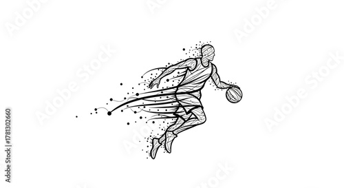 Dynamic illustration of a basketball player dribbling the ball with a sense of motion and energy, rendered in a sketch-like, abstract style.