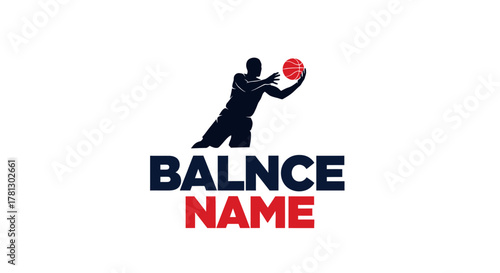 Dynamic logo featuring a dark blue silhouette of a basketball player holding a red basketball above the brand name "BALNCE NAME" on a white background.