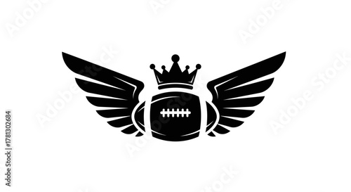A black and white silhouette logo of an American football adorned with a royal crown and majestic wings.