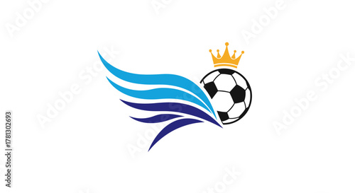 A dynamic logo featuring a crowned soccer ball with elegant blue and dark blue wings, set against a clean white background.