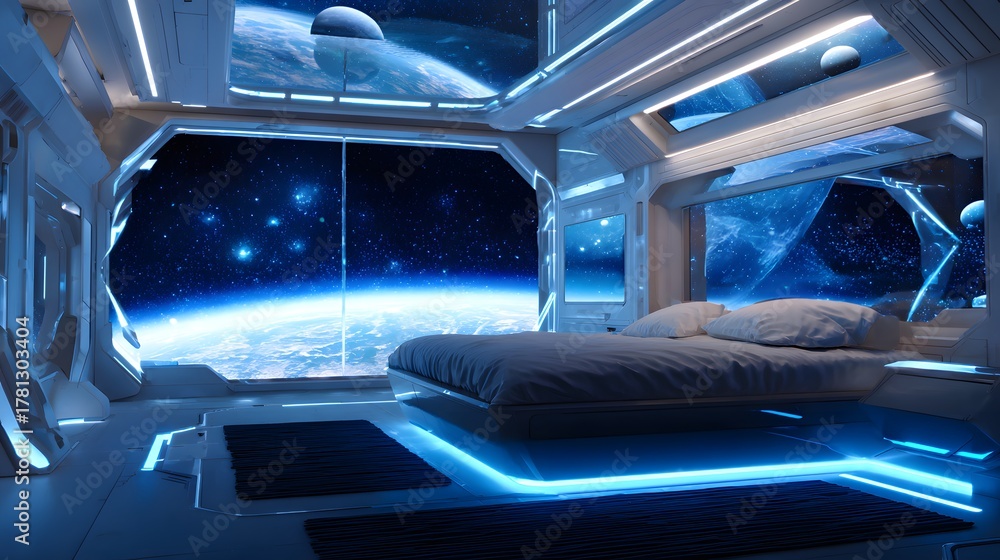 Obraz premium Luxurious futuristic bedroom design showcases a serene galaxy view through expansive panoramic windows