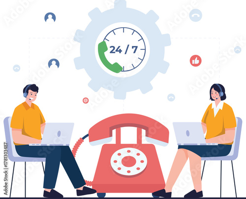 24/7 Customer Support Center Vector Illustration with Call Operators and Telephone