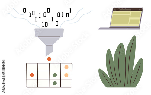 Binary code flows into a funnel, outputting filtered data into a grid, accompanied by a laptop and simple greenery. Ideal for data analysis, technology, organization, process optimization