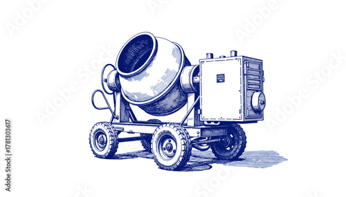Vintage sketch of a concrete mixer in blue ink on white background  