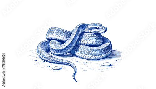 Vintage sketch of a coral snake in blue ink on white background  