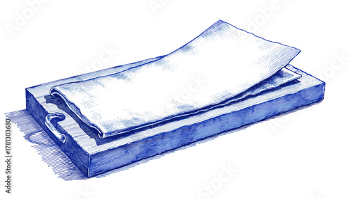 Vintage blue ink and pen sketch of a cotton pad on a wooden board
