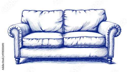 Vintage sketch of a blue ink sofa with soft cushions and arms  