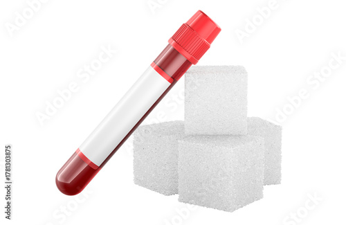 Diabetes diagnosis glucose check, concept. Blood test tube with sugar cubes. 3D rendering