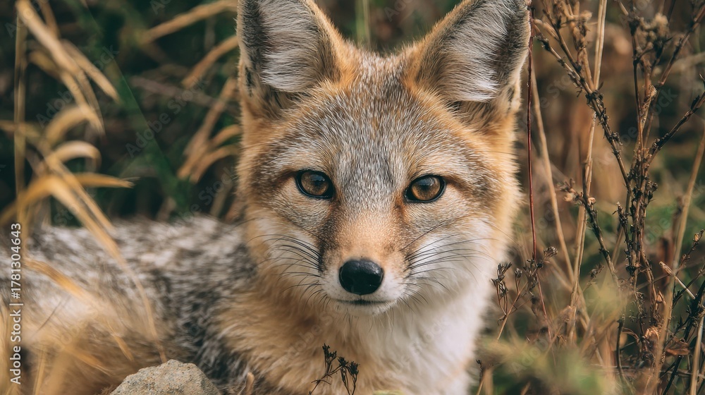 Fototapeta premium Rare Swift Fox in Its Natural Prairie Habitat: A Glimpse of Endangered Biodiversity in Canadian Outdoors