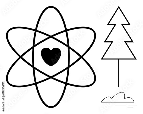 Atomic orbit with heart in the center next to a simple tree and cloud. Ideal for sustainability, eco-science, health, balance, harmony, environment, holistic unity. Simple flat metaphor