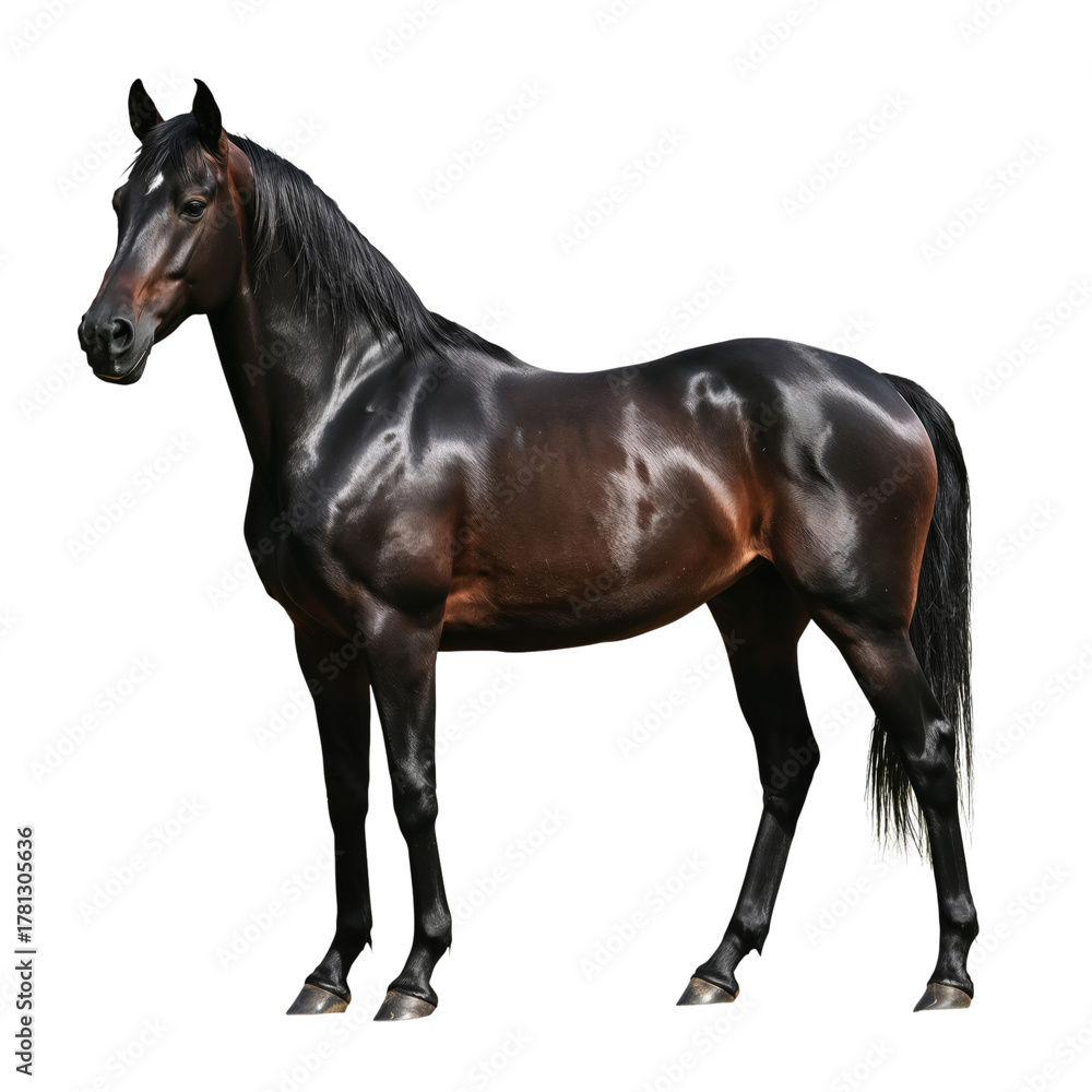 Obraz premium Black Horse Standing Gracefully in a Clean, Bright Space During Daylight Hours.