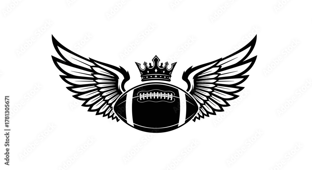 Obraz premium American football with wings and crown, black and white vector.