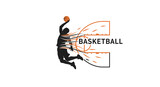 A dynamic graphic logo featuring a basketball player silhouette mid-dunk with streaking lines, next to a stylized hoop forming the letter E and the word 