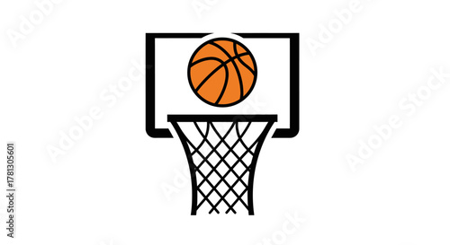 A basketball is about to go through a basketball hoop, with the backboard visible.